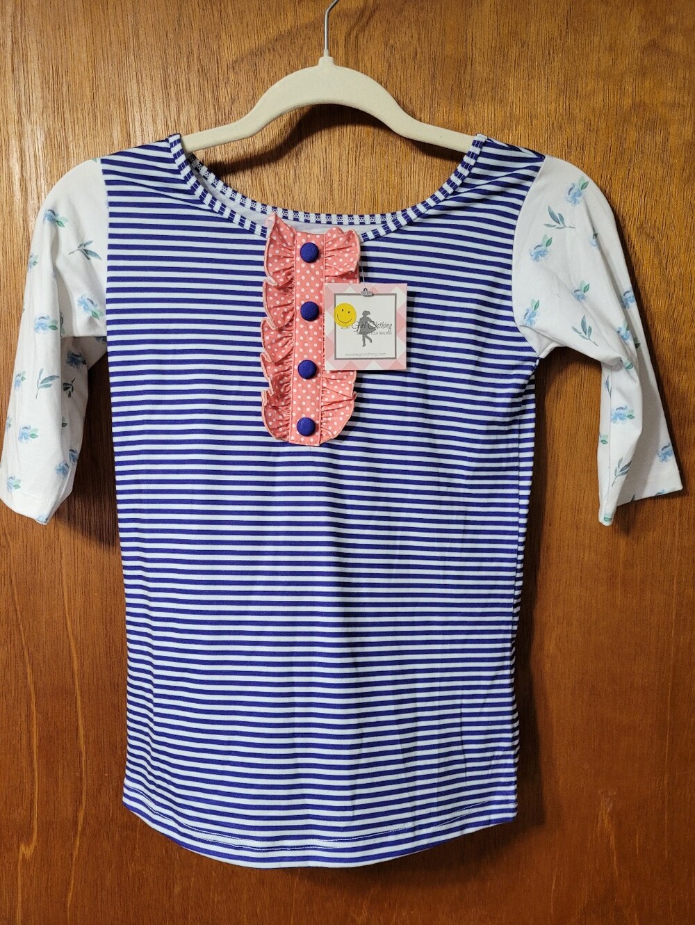 Be Girl Clothing Girls Size 12T Navy Striped Top Floral Sleeves Coral (0965)